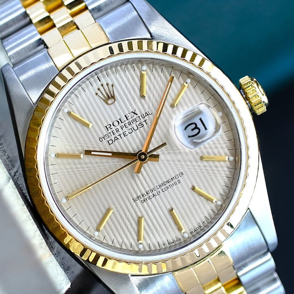 ROLEX MENS DATEJUST GOLD & STEEL BOX & PAPERS SILVER DIAL FLUTED 36MM WATCH